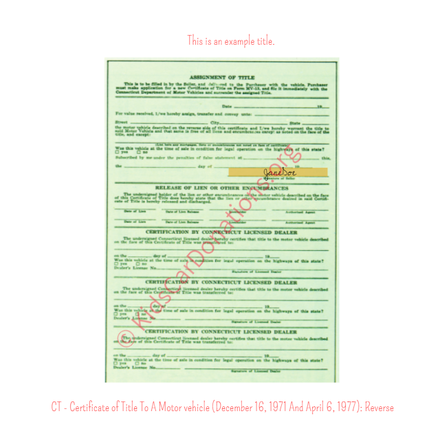 This is an Example of Certificate of Title To A Motor vehicle (December 16, 1971 And April 6, 1977) Reverse View | Kids Car Donations